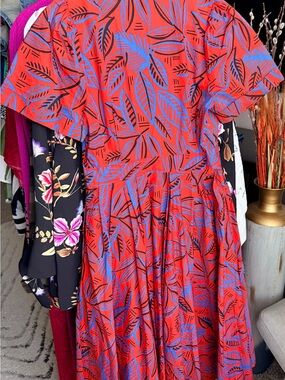 Alexis Red and Blue Leaf-Print Midi Dress